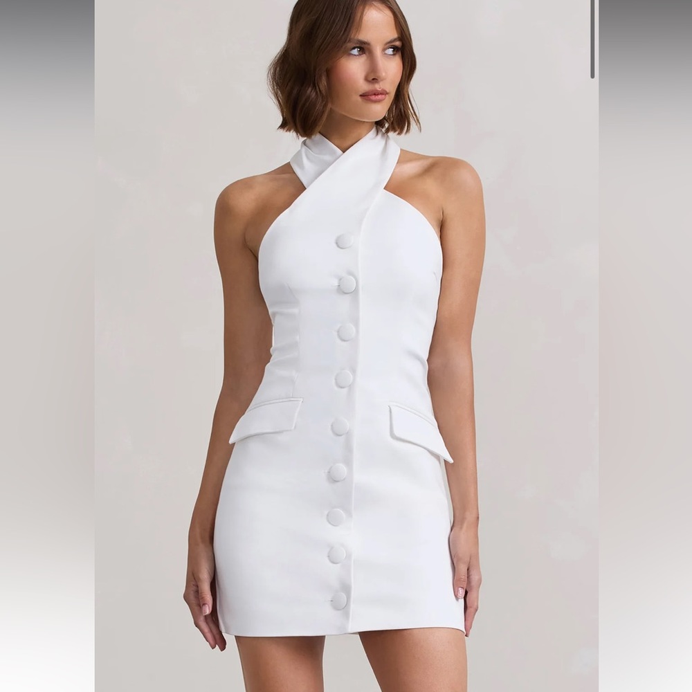 Club L London Dani White Halter Neck Tailored Button Mini Dress, Size US 8